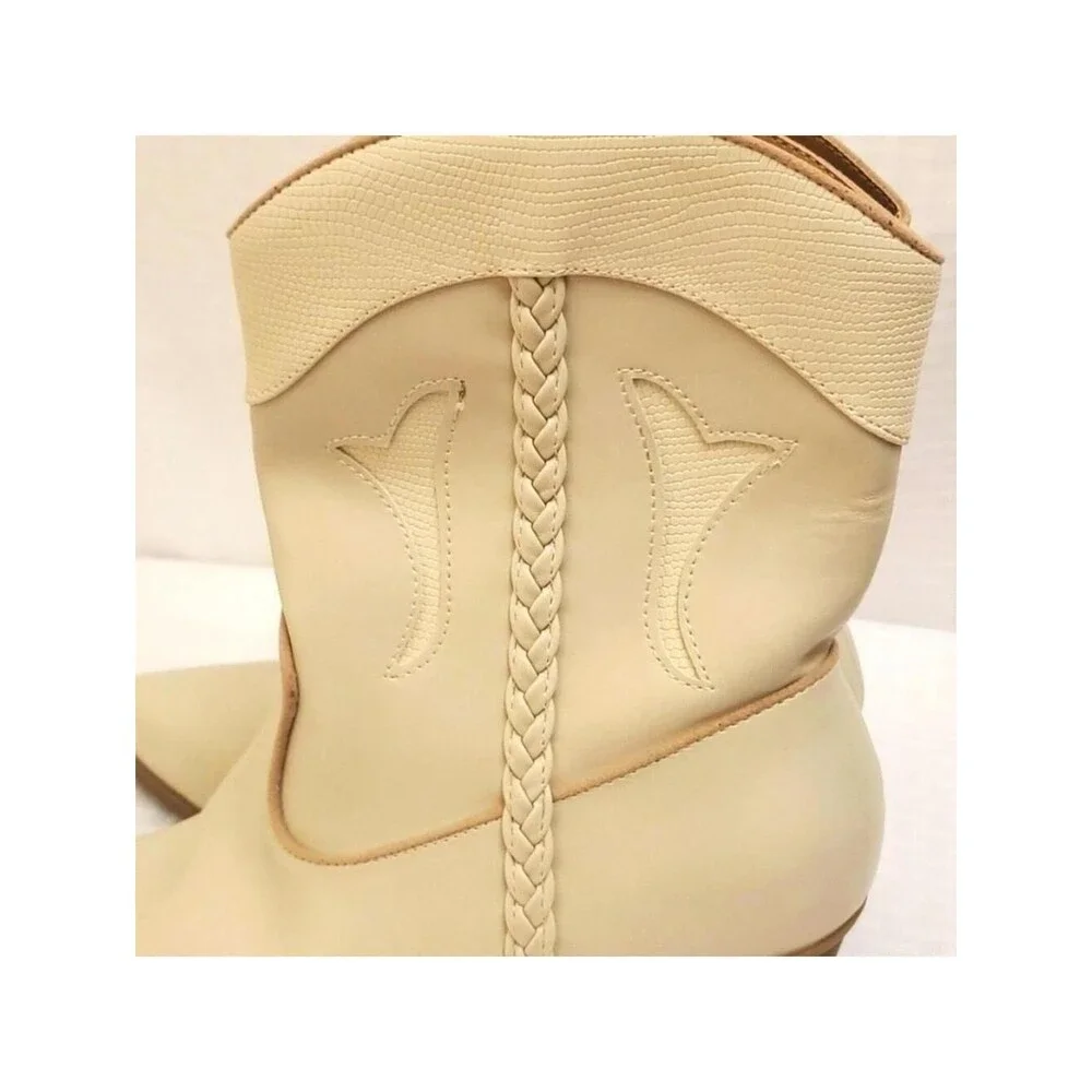 Cowboy Boots Cream Western Ankle Booties Braided Detail Size Unknown